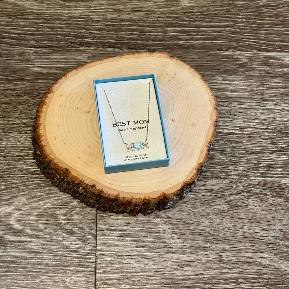 "Mom" Womens Lab Created White Opal Sterling Silver Heart Pendant Necklace